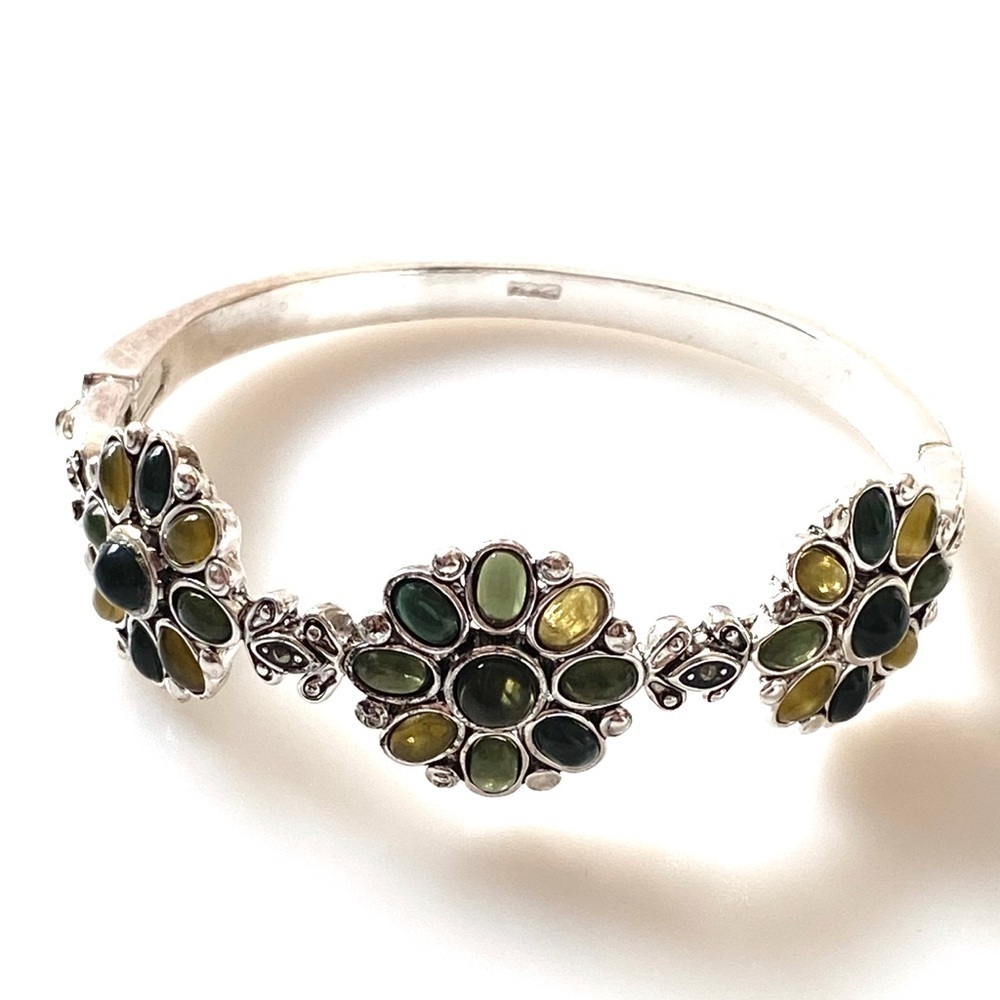 Monet Signed Bracelet Cuff 3 flowers silver tone